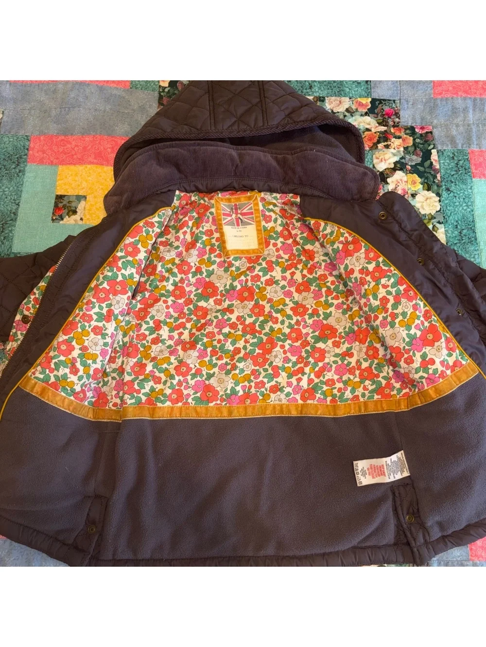 Mini Boden Girls 6-7Y Quilted Hooded Jacket with Floral Lining for Kids